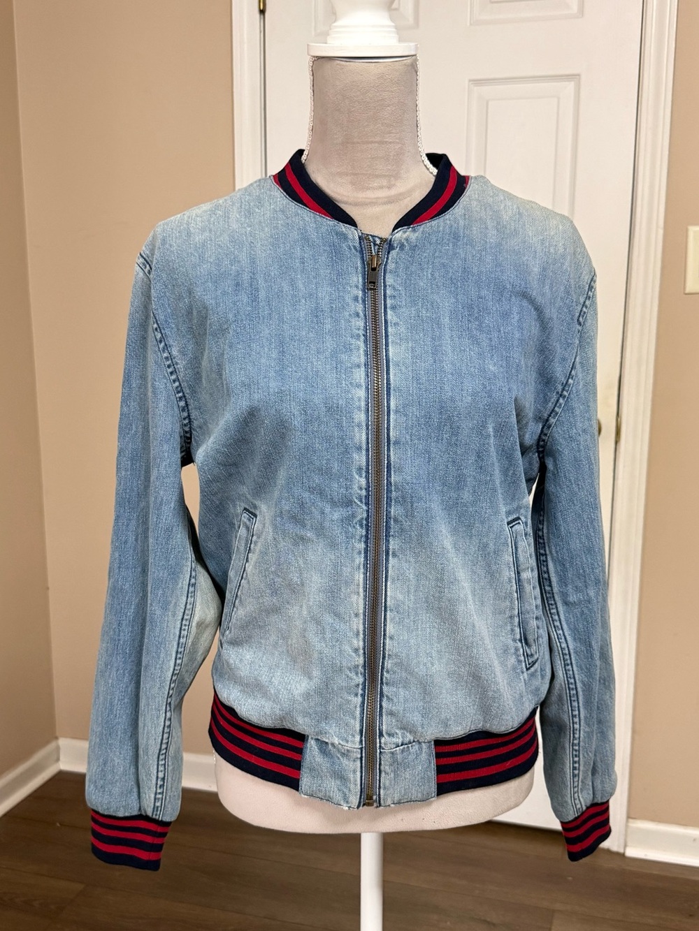 American Eagle Outfitters Women's Blue Zip Bomber Jacket Striped Trim Pockets S